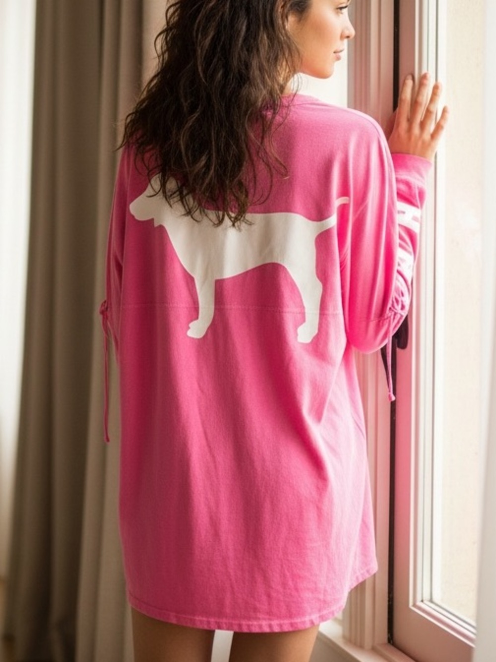 Victoria's Secret PINK Campus Side Lace-Up Long Sleeve Tee Pink/White L